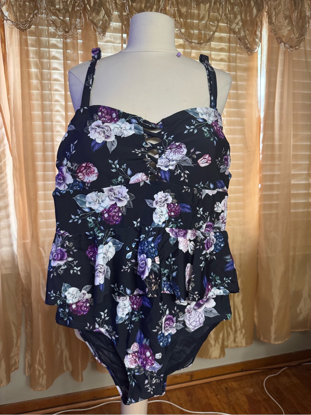 torrid Black One-Piece Swimsuit with Purple & White Floral Accents